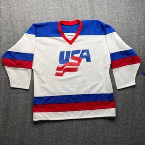 Vintage Hockey Jersey Mens XL White Red Blue Bakka Mesh V-Neck Made in USA